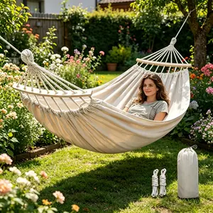 A portable outdoor hammock for on-the-go use, perfect for camping or relaxing in the backyard.Comes with ropes and a storage bag.Hang a comfortable hammock in your backyard to add a touch of leisure and comfort to your summer afternoons.