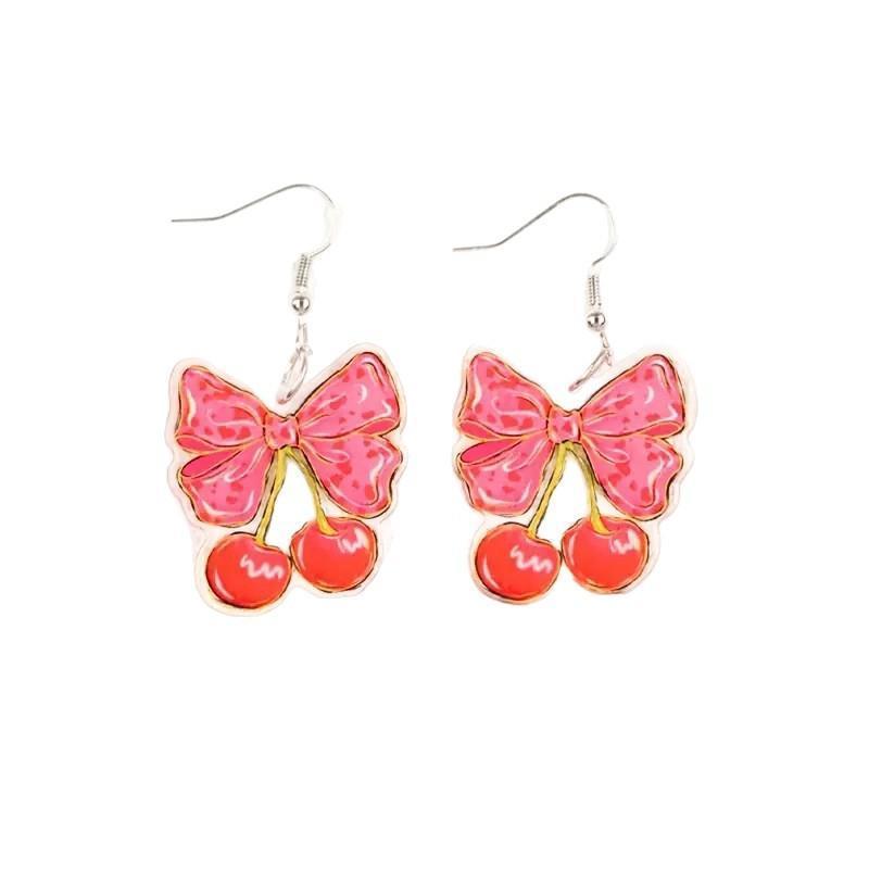 New Cute Pink Bow Cherry 2D Flat Acrylic Versatile Sweet Earrings