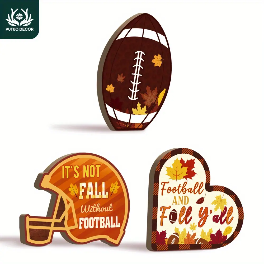 Putuo Decor 3Pcs Football Helmet Rugby Heart Wooden Tabletop Ornaments, Fall Themed Decorative Plaque Table Signs With Words No Fall Without Football & Fall Y'all, Farmhouse Desktop Decor For Home Office Fireplace Living Room, Autumn Thanksgiving Gift