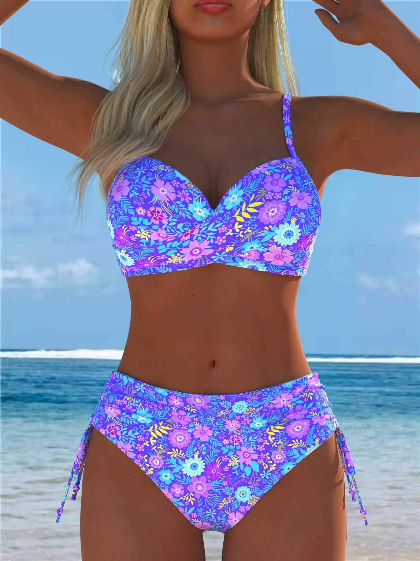 2026 New Women's Sexy Floral Swimsuit, Push-Up Bikini Set, Side Tie Bottoms, Plain Color, Beach Party Swimwear, All Seasons