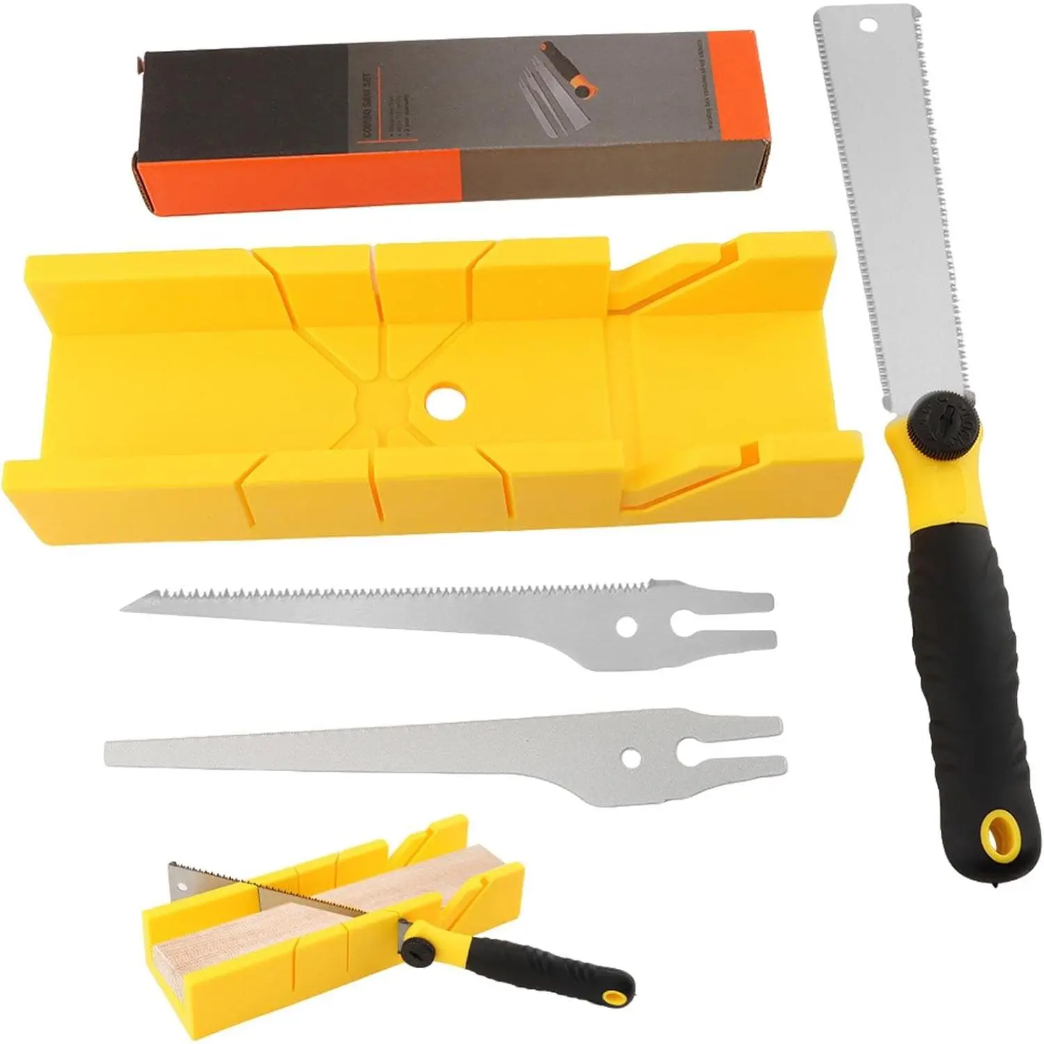 4-Piece Miter Box and Saw Set, Japanese Hand Saw for Precise Miter and Bevel Cuts, 12-Inch Mitre Box with 3 Mitre Saws for DIY, Crafting, Furniture Making(COLOR:Yellow)
