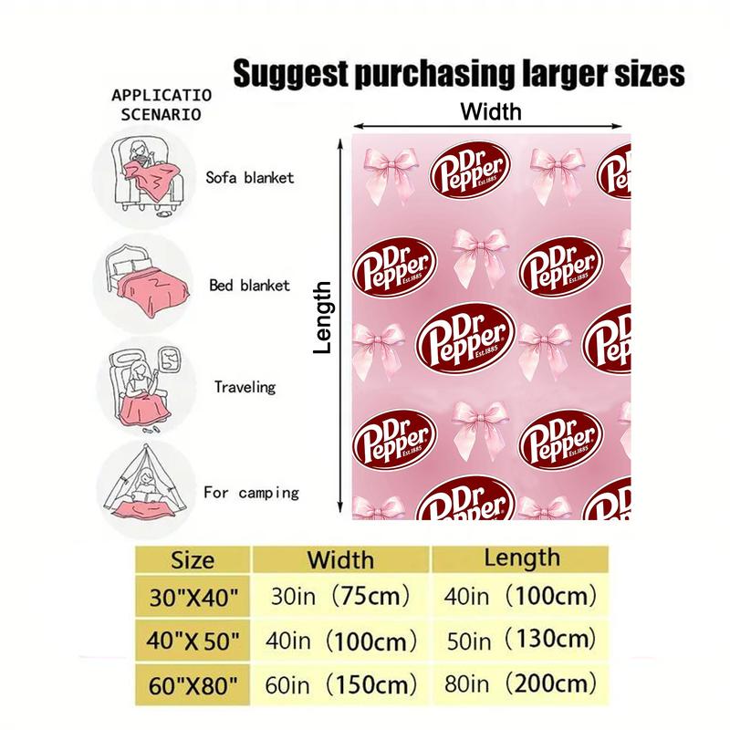 Dr. Pepper  Bow Pink Flannel Throw Blanket - Versatile For Sofa, Bed, Office, Camping- Cozy Nap Blanket