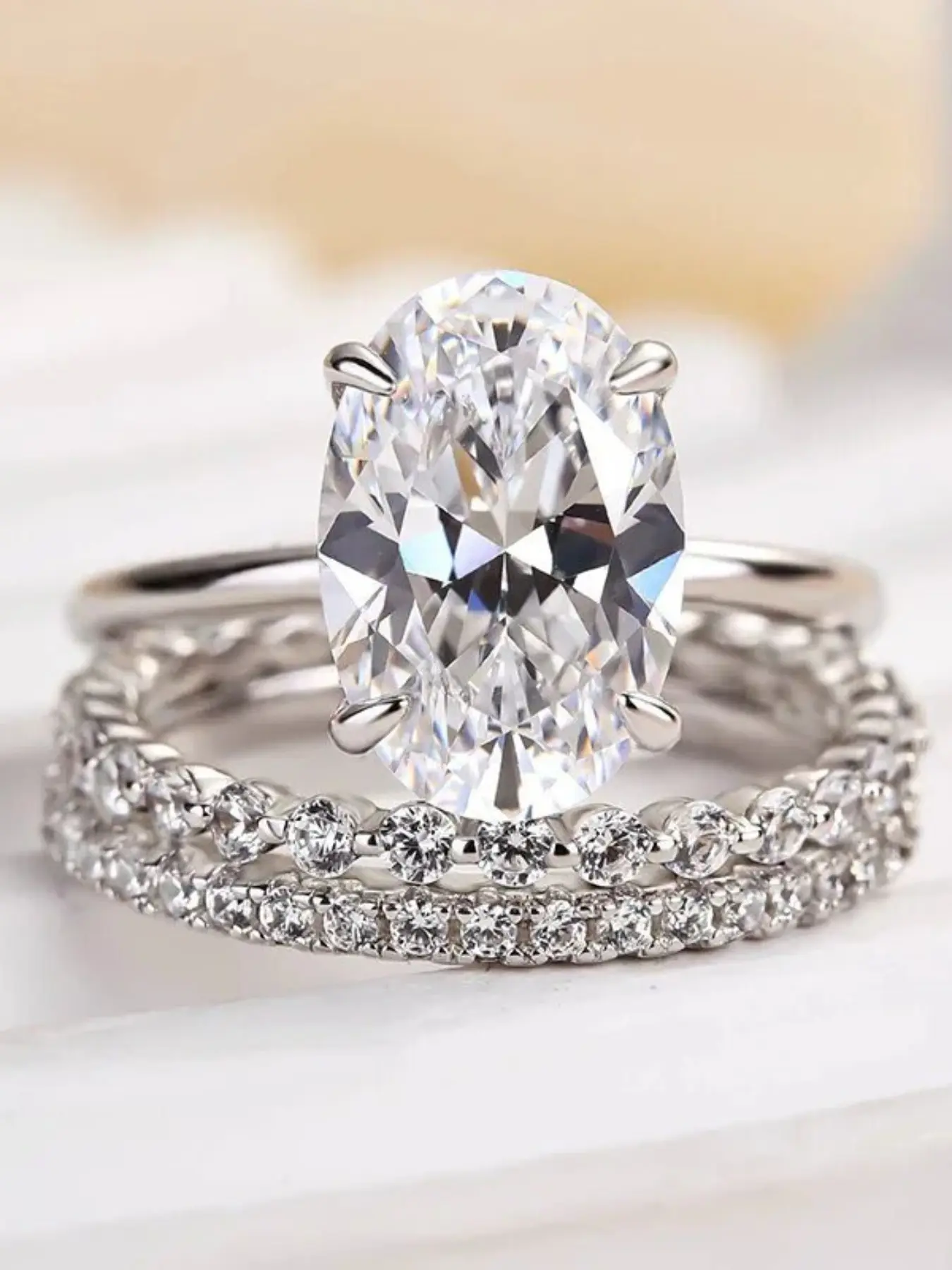 Classic Oval Cut Engagement Ring Set, Women's Jewelry Wedding Ring Set, 3-Piece Zircon Embedded, Brass Material, Long-Lasting Color