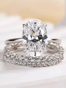 Classic Oval Cut Engagement Ring Set, Women's Jewelry Wedding Ring Set, 3-Piece Zircon Embedded, Brass Material, Long-Lasting Color