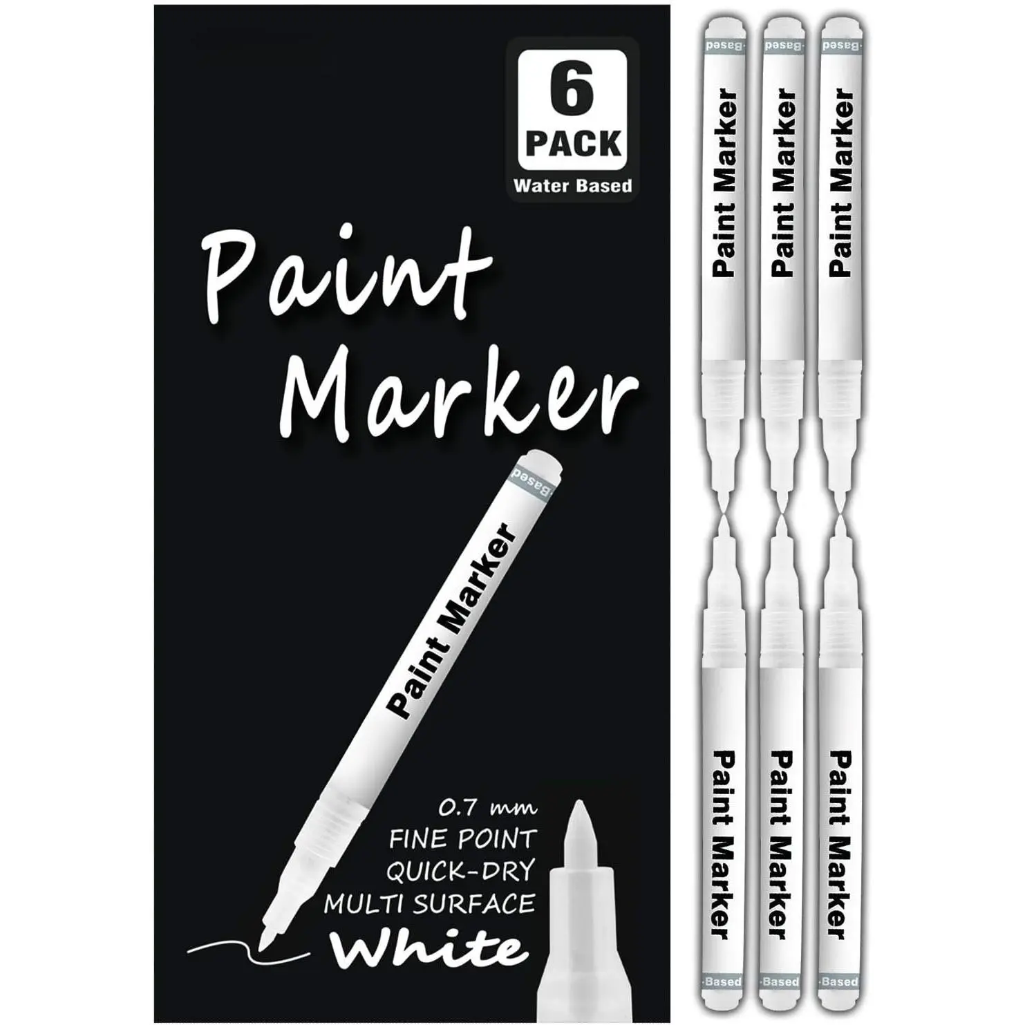 White  Pen, 6 Pack 0.7mm  Permanent Marker White  Pens for  Rock Plastic Leather Glass Stone Metal Canvas Ceramic Marker Extra Very Fine Point Opaque Ink