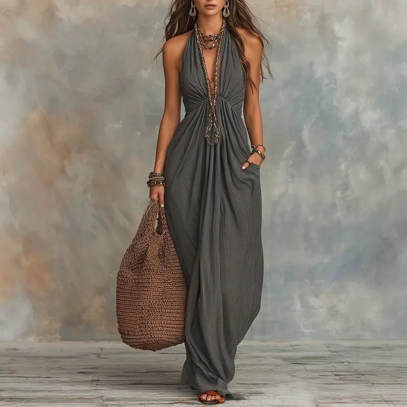 Women's 2026 Summer New Halter Neck Formal Dress - Solid Color, Lady-Fit, Graceful, Slimming Loose Fit Formal Wear, Sleeveless, Long Dress, Full Length, Hanging Neck, Slimming Cut, Elegant, Formal Dresses For Women