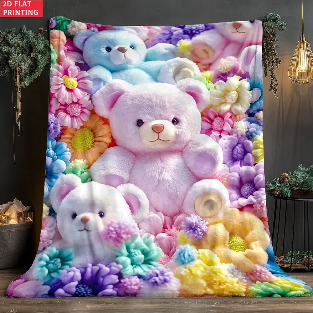[Teddy Bear Blanket] A Colorful Teddy Bear Floral Blanket in a 2D Flat Design, Perfect for Lightweight Home Decor. Ideal for Use on Sofa Beds, During Travel And Camping, As Well As in Living Rooms, Offices, Chairs, And Beds. Crafted from Soft