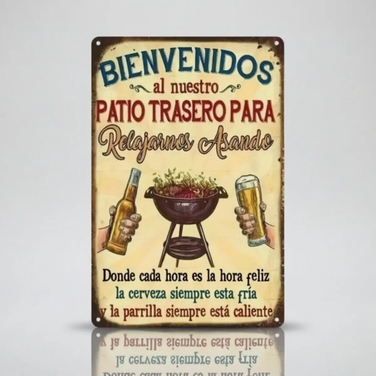 Vintage Farmhouse Spanish Bilingual BBQ Welcome Tin Sign (8x12/12x16in), Rustic Beer Grill Plaque, Outdoor Home Decor Gift for Garden, Patio