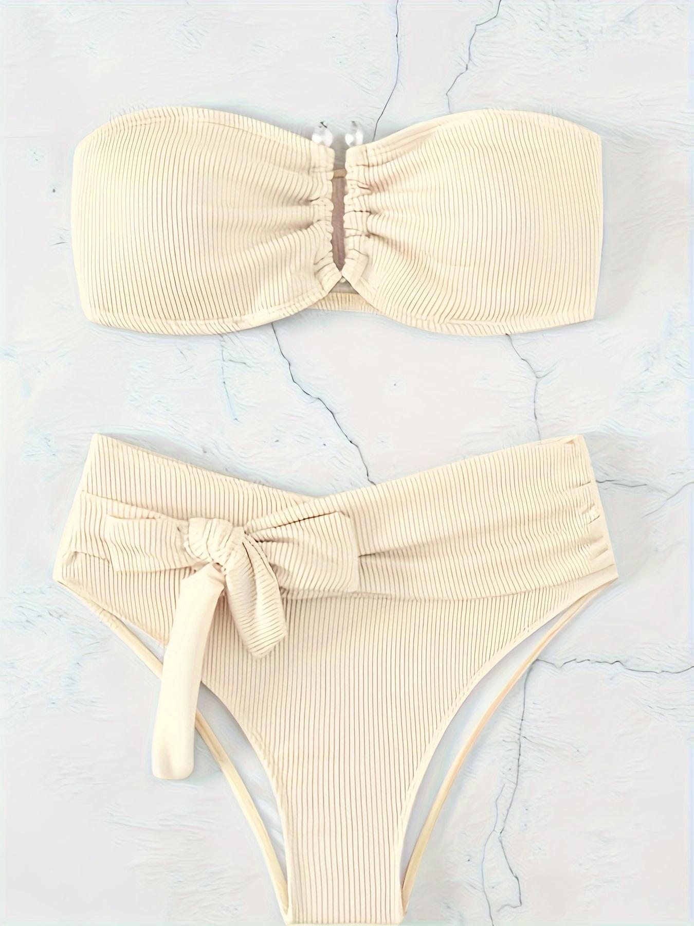 Two-Piece Set Women's Solid Ruched Bandeau Bra & Knot Front Panty Bikini Set, Bandeau Bikini Sets, Casual Sleeveless Swim Top & Swim Bottom Swimsuit Set, Ladies Summer Swimwear for Beach Holiday Vacation