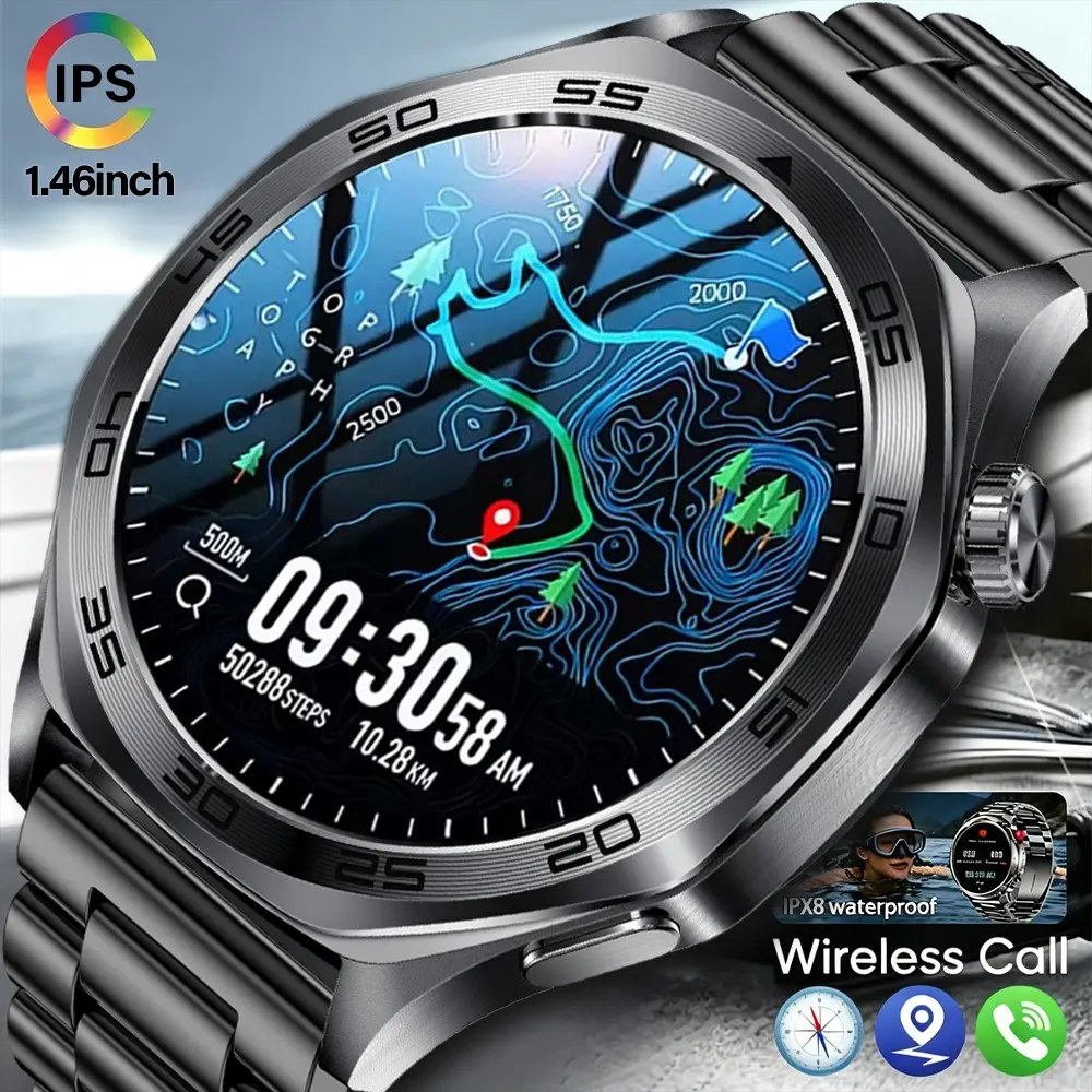 2026 new 1.46-inch outdoor sports multifunctional smartwatch, suitable for men, IPX8 waterproof, IPS display, alloy body, silicone strap, 400mAh rechargeable battery, over 100 types of sports modes, compass, call function
