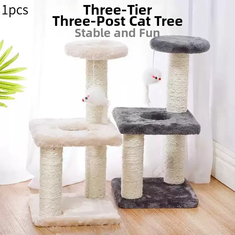 Sisal Double Layer Climbing Post Cat Tree Tower, Soft Floor Mat, Hanging Cat Toy, Easy To Assemble, High Load Capacity, Suitable For Large And Small Cats, Play Scene, Vertical Scratcher