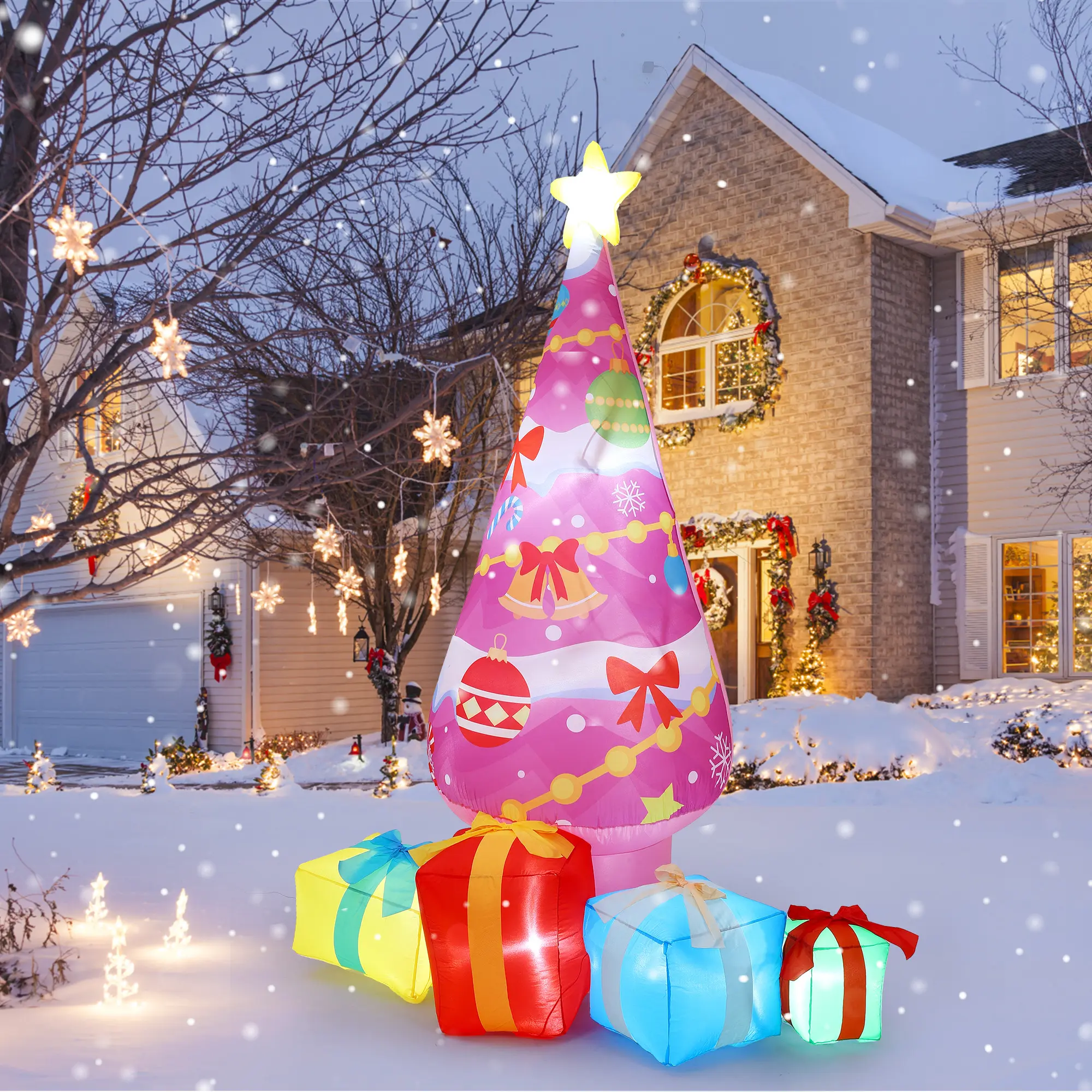7 FT Giant Pink Inflatable Christmas Tree, Blow-Up Ornament with Built-In LED Lights & 4 Gift Box Decorations, Waterproof Holiday Outdoor Display for Garden, Lawn, Christmas Party Decor Star Backdrop