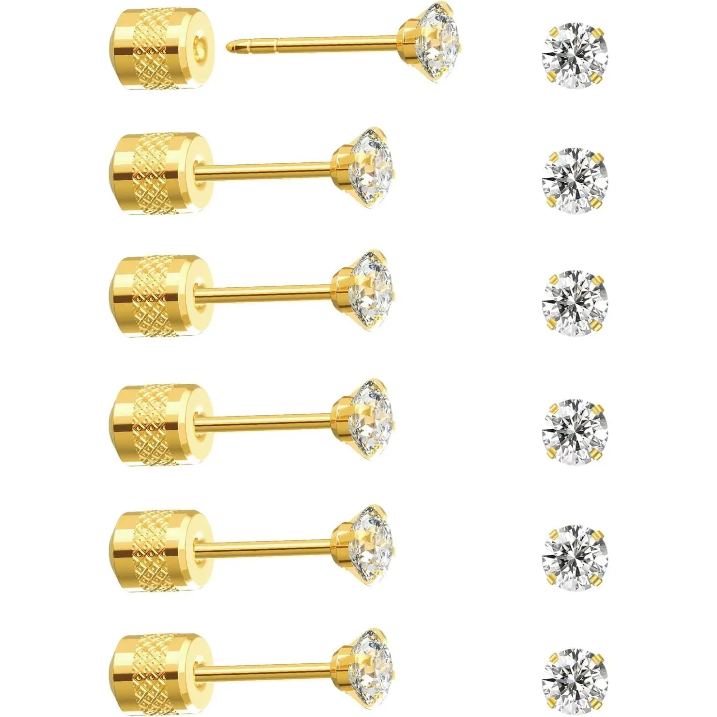 Flat Back Stud Earrings, 6 Pairs Titanium Hypoallergenic Earrings for Women Men, Cubic Zirconia Silver Gold Stud Earrings Surgical Stainless Steel Stud Earring Set for Cartilage 2-8mm