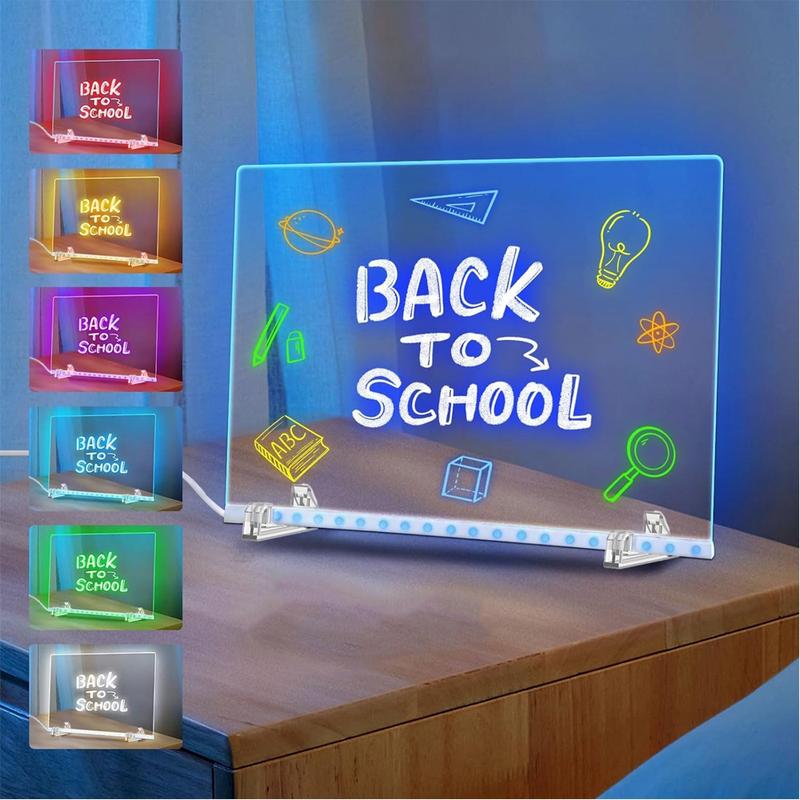 Christmas gifts,LED color luminous board, large-sized drawing board, 7 colors of lights, LED drawing board acrylic board with lights, LED drawing board with bracket, 7 marker pens, 2 cloths, erasable learning memo message board, Neon Accent Lights