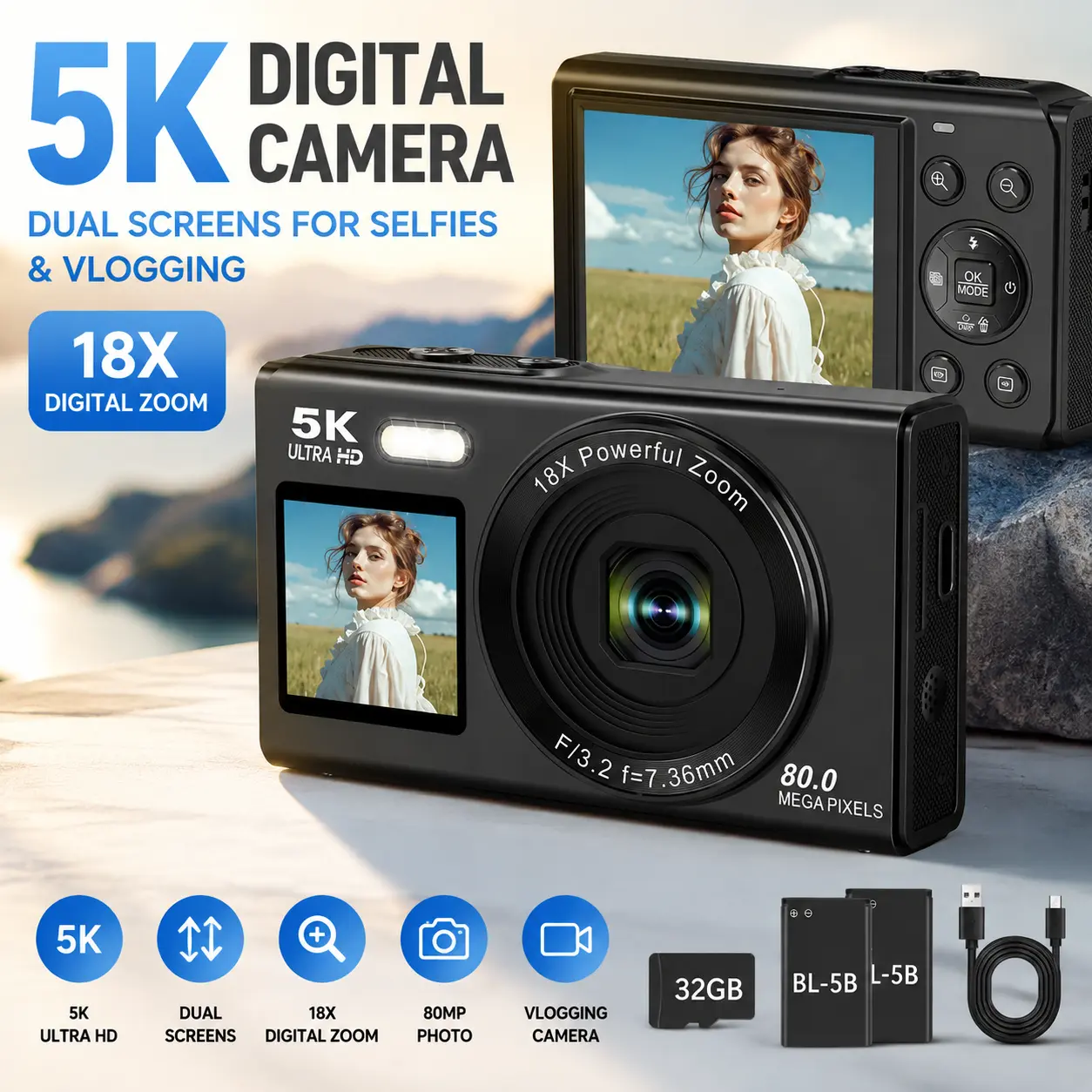 5K Digital Camera with Flip Dual Screens, 18X Zoom Capability and Ultra HD Video Recording, Beginner-Friendly Compact Camera Kit with 32GB Memory Card, Extra Batteries and Accessories for Vlogging