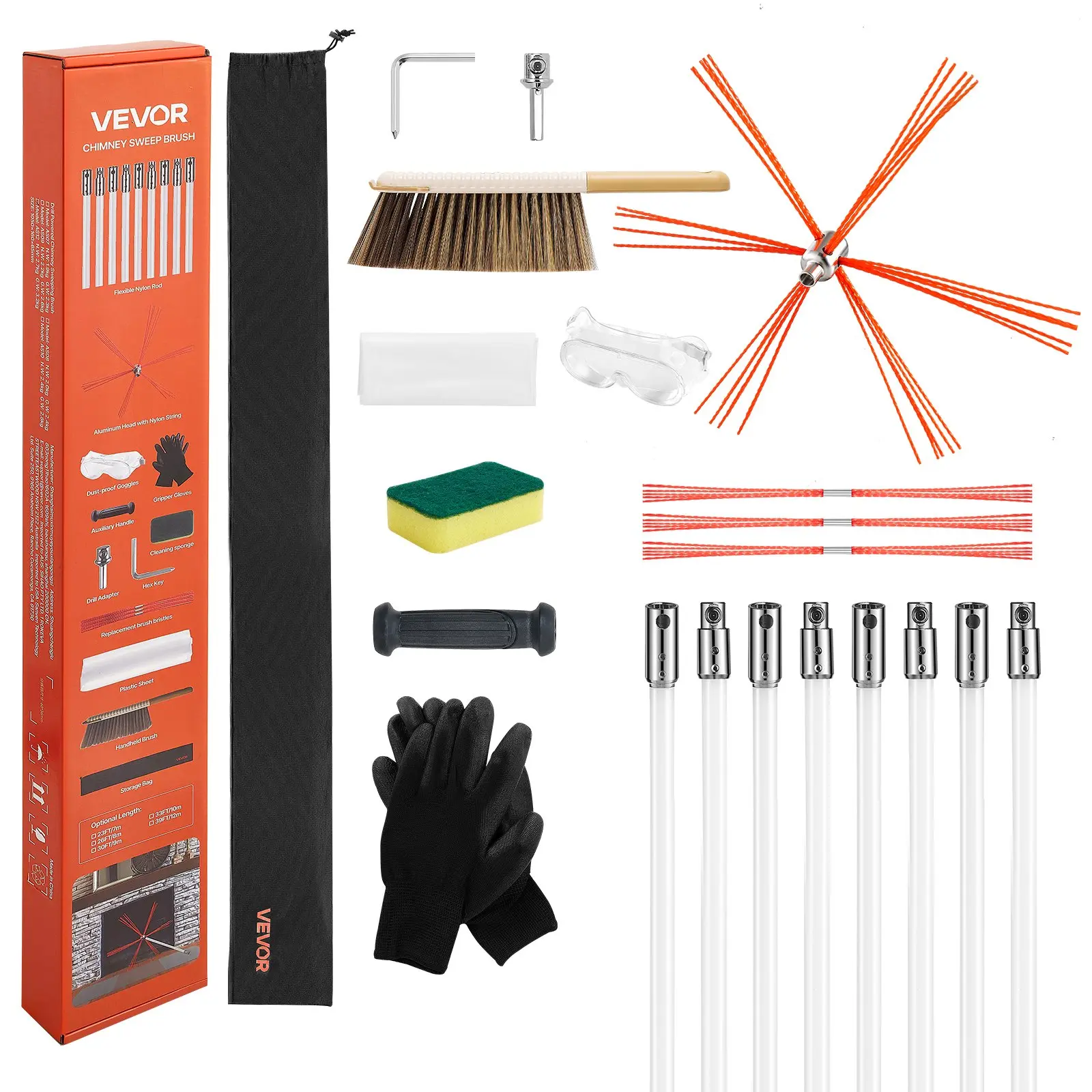 Chimney Sweep Kit, 26 ft Maximum Extendable Length Chimney Brush, Chimneys Cleaning Kit with Bristle Replacements Goggles, 90 Bendable Fireplace Cleaning Tool, for Square, Rectangle Chimneys