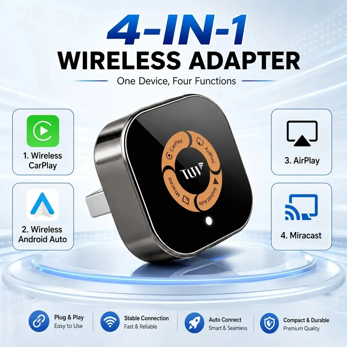 4‑in‑1 Wireless CarPlay Adapter, Wired to Wireless Android Auto & AirPlay Miracast Converter, Bluetooth 5.4 WiFi6 Plug‑Play Car Adapter for Factory Wired CarPlay Cars support