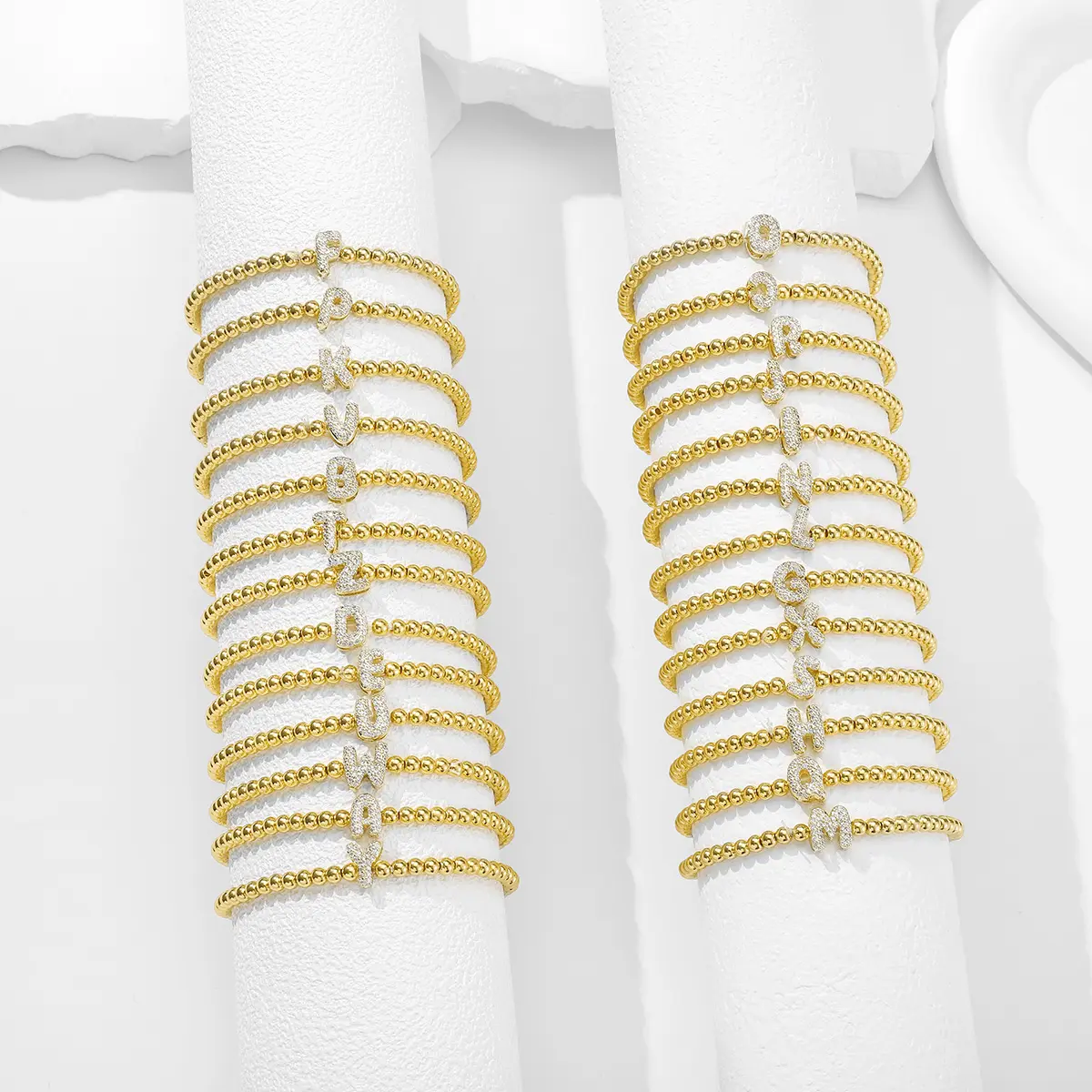 Shiny Handmade Golden Beaded Bracelet, Trendy Bubble Letter A-Z Initial Exquisite Cubic Zirconia Elastic Beads Bracelet Waterproof Non Tarnish Summer Beach Jewelry Vacation Travel Bracelet Holiday Gift