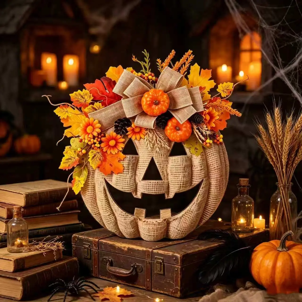 Halloween Thanksgiving Fall Door Decor Wreath, Rustic Wooden Pumpkin Lantern, Burlap Bow, Maple Leaves, Berries, Vintage Farmhouse Wall Decoration