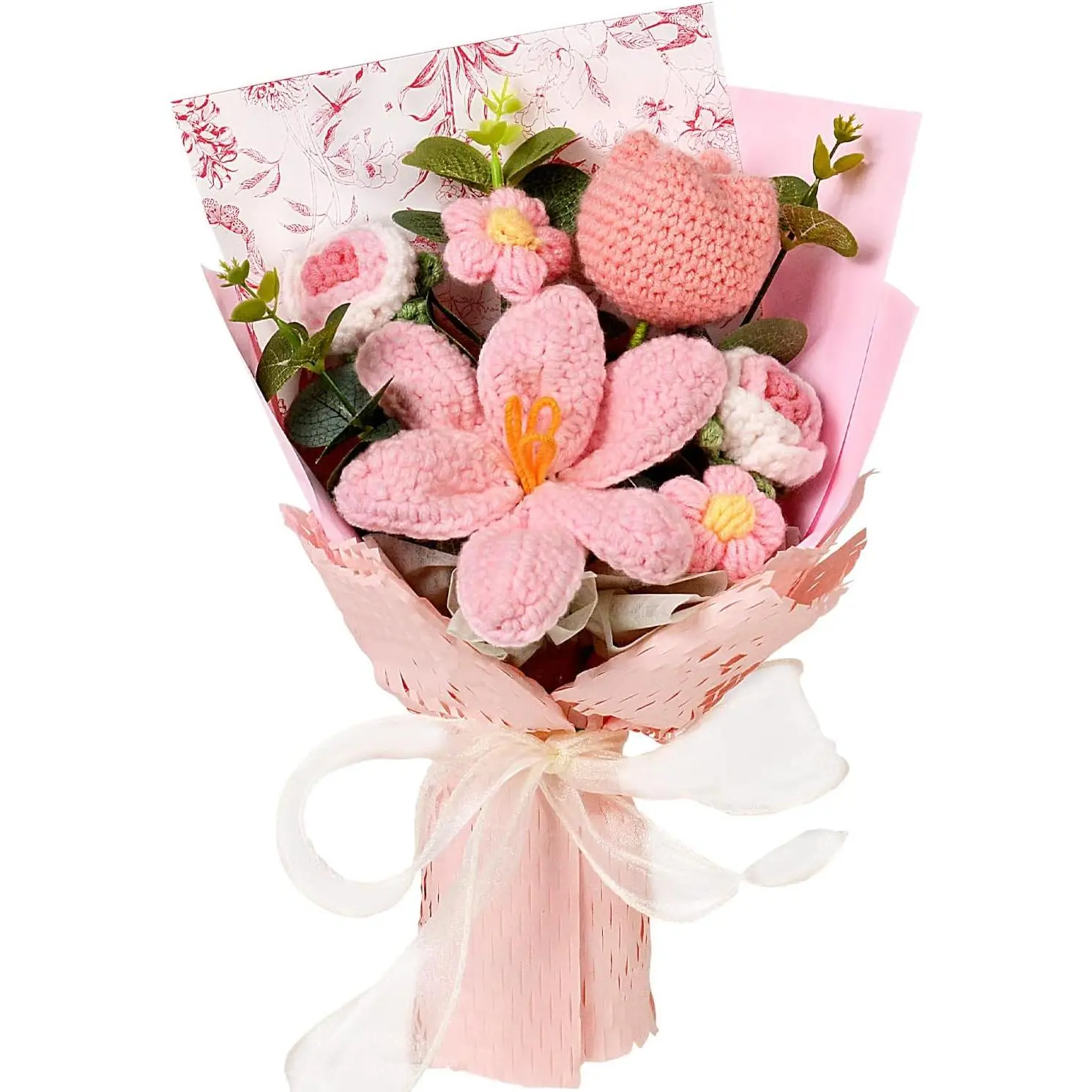 Flower Bouquet, Rose Flowers, Pink| Knitted Flower Gift for Mom, Teachers and on Mother's Day, Wedding, Anniversary, Birthday