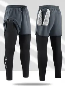 Men's 2 in 1 Workout Leggings, Breathable Stretchy Compression Tights, Phone Pocket, Lightweight Athletic Pants for Running Gym Fitness