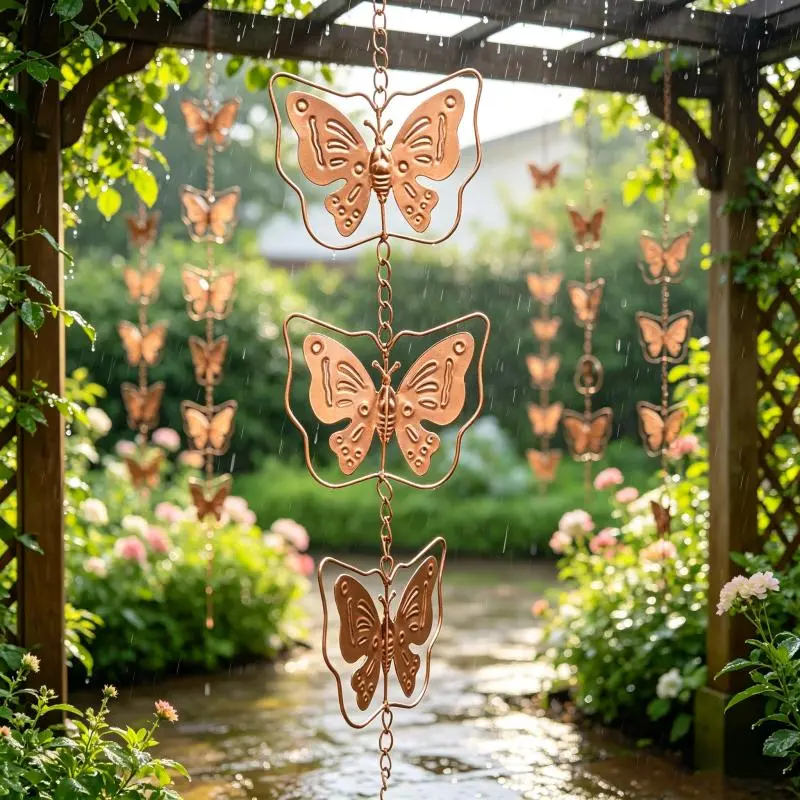 Rustproof Wrought Iron Metal Butterfly Rain Chain - Outdoor Water Catcher Wind Chime, Hanging Ornament for Patio, Eaves, Home Decor