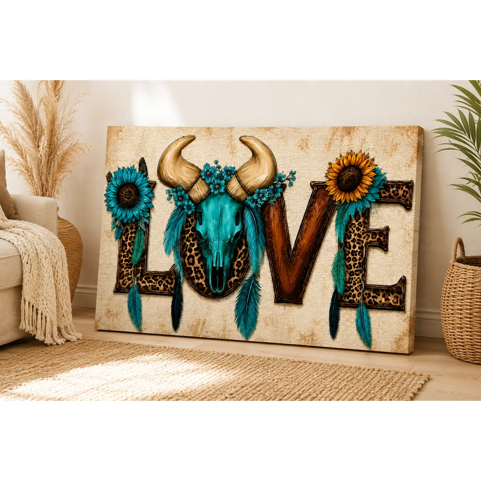 Colorful Western Boho LOVE Canvas Wall Artwork - Turquoise Horned Cattle Skull, Feathers, Sunflowers, Leopard Pattern, Beige-Cream Wood Accents - Farmhouse Bedroom Decor, Rustic Southwestern Home Gift, Decorative Poster Print, Multi-Size
