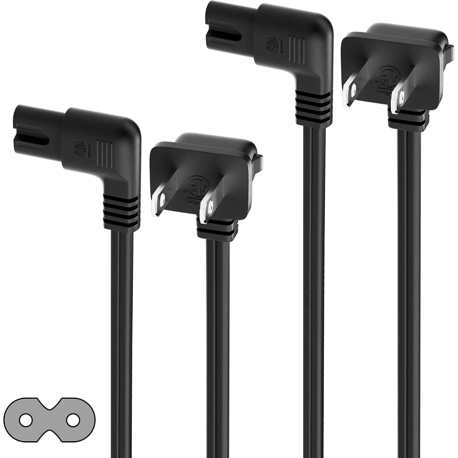 Angled 2-Slot Non-Polarized Angle Power Cord 12 FT (2-Pack), 90  L-Shaped TV Power Cord, IEC320 C7 to NEMA 1-15P, 2 Prong  , Figure 8, Black, 2 Pack