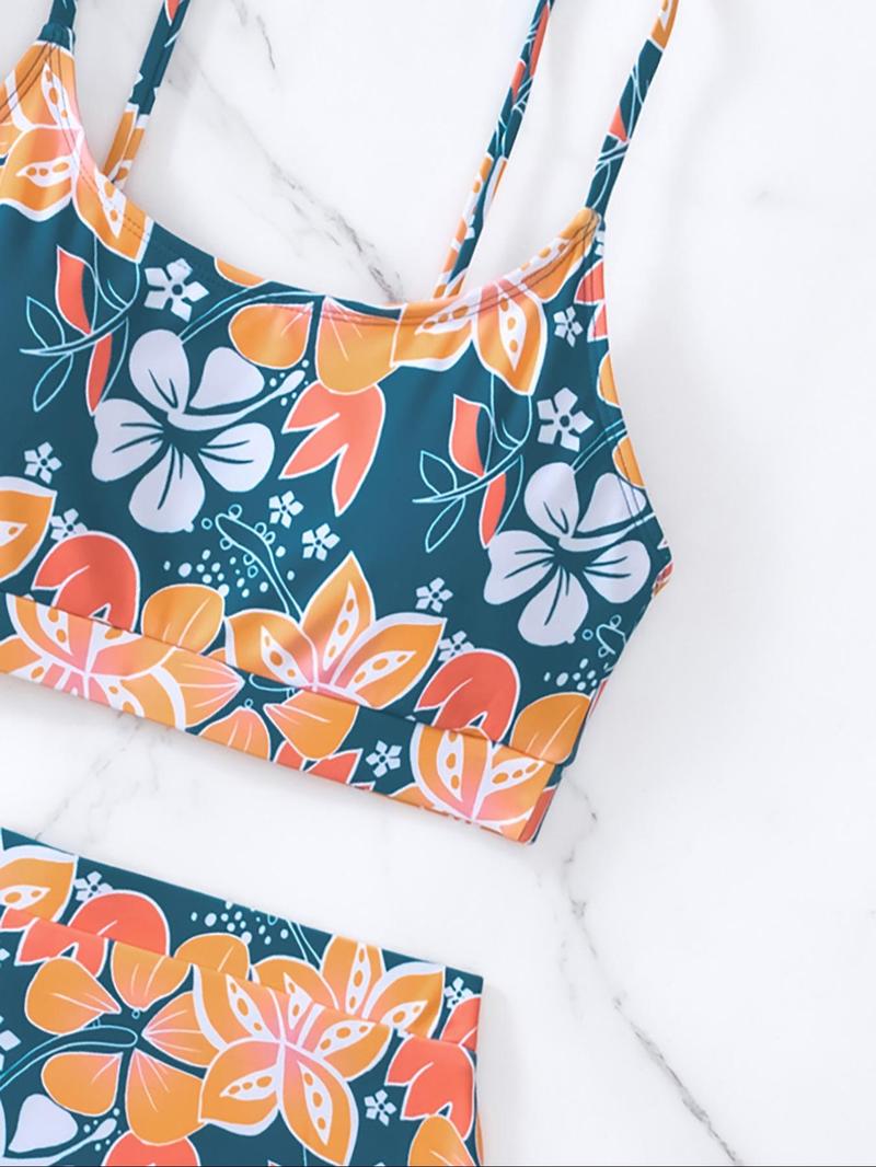 Two-piece Set Women's Floral Print Swimsuit Set, Summer Clothes Women, Casual Adjustable Strap U Neck Swim Top & High Waist Swim Bottoms, Women's Swimwear for Summer, Floral Bikini Sets