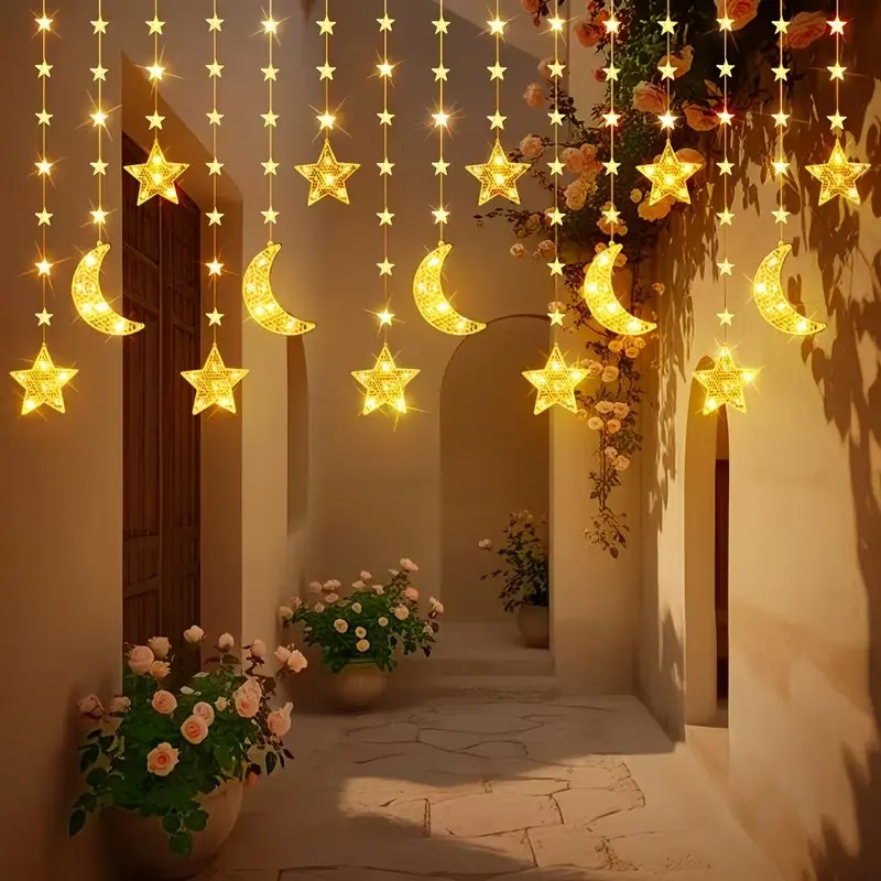 A Single Set of Warm White Star And Moon String Lights with 8 Modes, Suitable for Home, Bedroom, Valentine's Day, Easter, Christmas, New Year, Party Decorations, Christmas String Lights, Christmas Gifts, And Outdoor String Lights, Warm White Lighting