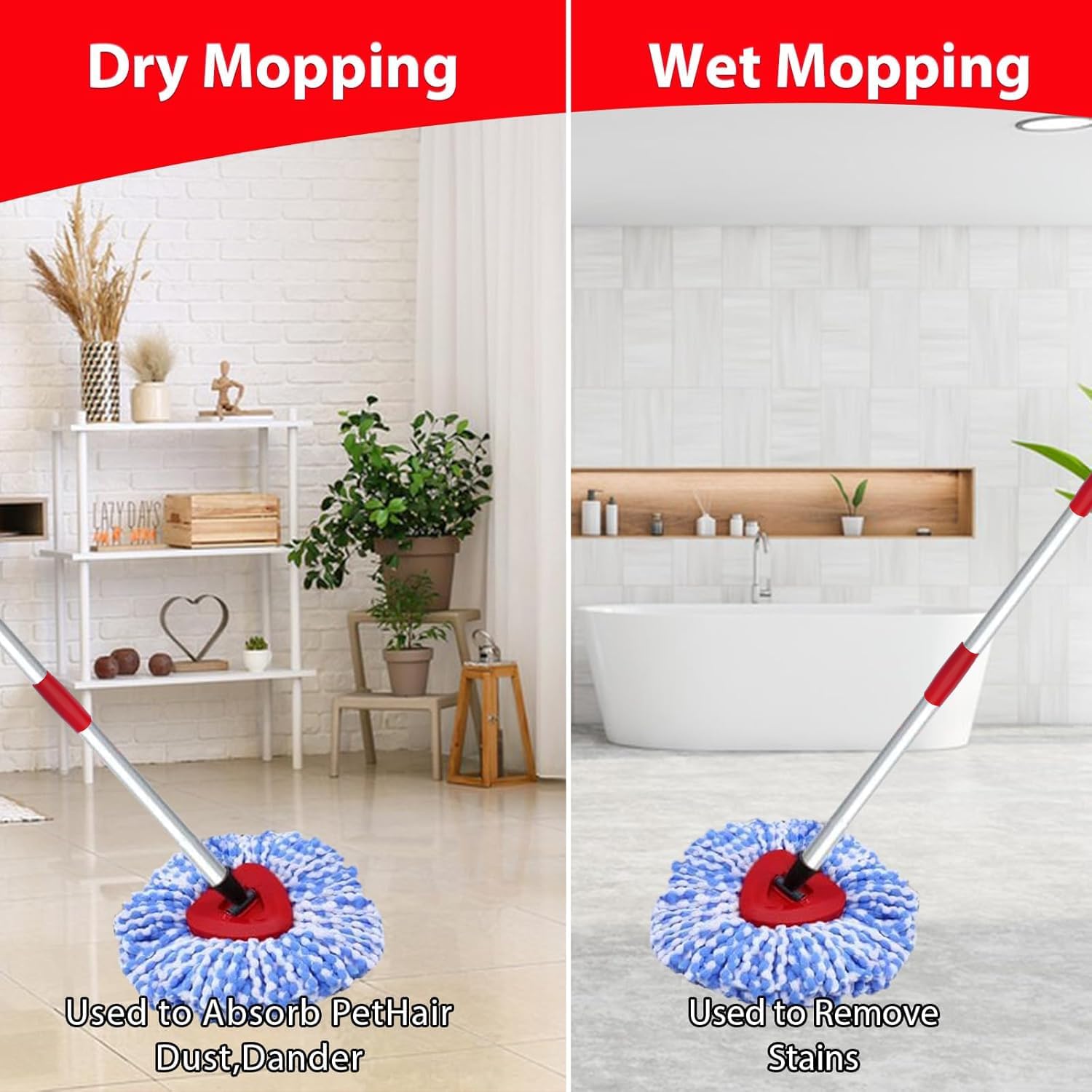 ONLY for 2-TANK SYSTEM) Spin Mop Replace Head Compatible with O-Cedar RinseClean 2 Tank, Mop Replacement Head  Base, 3 Microfiber Head Refills+1 Brush(Hide inside)+1 Base Combo Set (Blue)