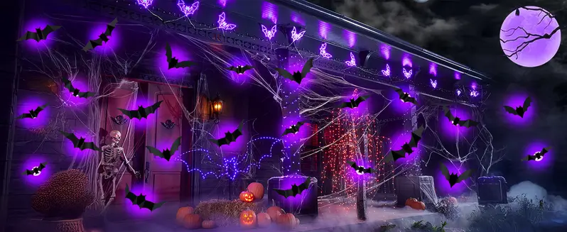 TOODOUR 36 PCS LED Purple Lighted 3D PVC Bat Stickers - 5 Sizes, 4 Shapes, Removable, Waterproof LED Bat Lights for Home Decor, Windows, Doors, Bedroom, Halloween Party