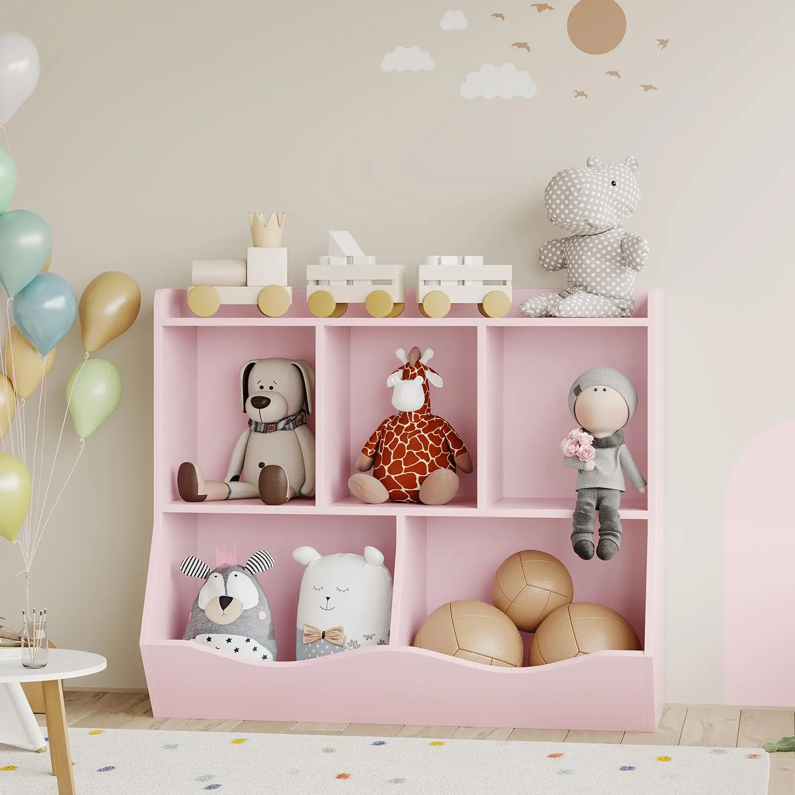 Set of 2, 5-Section Kids Wooden Bookcase & Toy Storage Cabinet, Cubby Shelf Organizer for Children's Room, Nursery, Playroom & Study Area, Pink