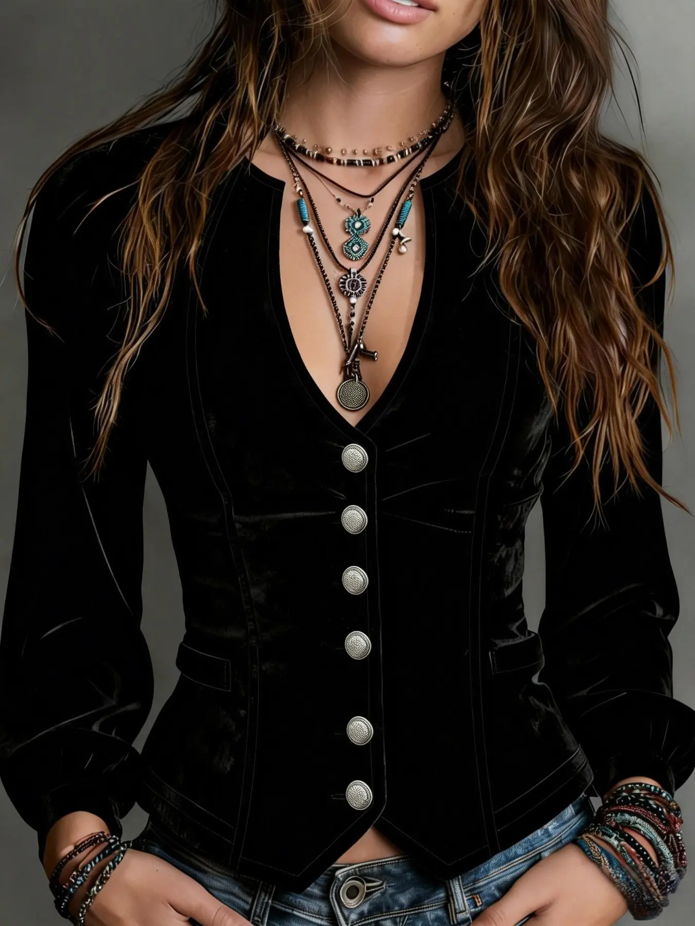 Women's Retro Black Velvet Fitted Top, Solid V-Neck Long Sleeve Single Breasted Waist Cardigan, Elegant Outfit For Work Commute, Home And Daily Street Wear