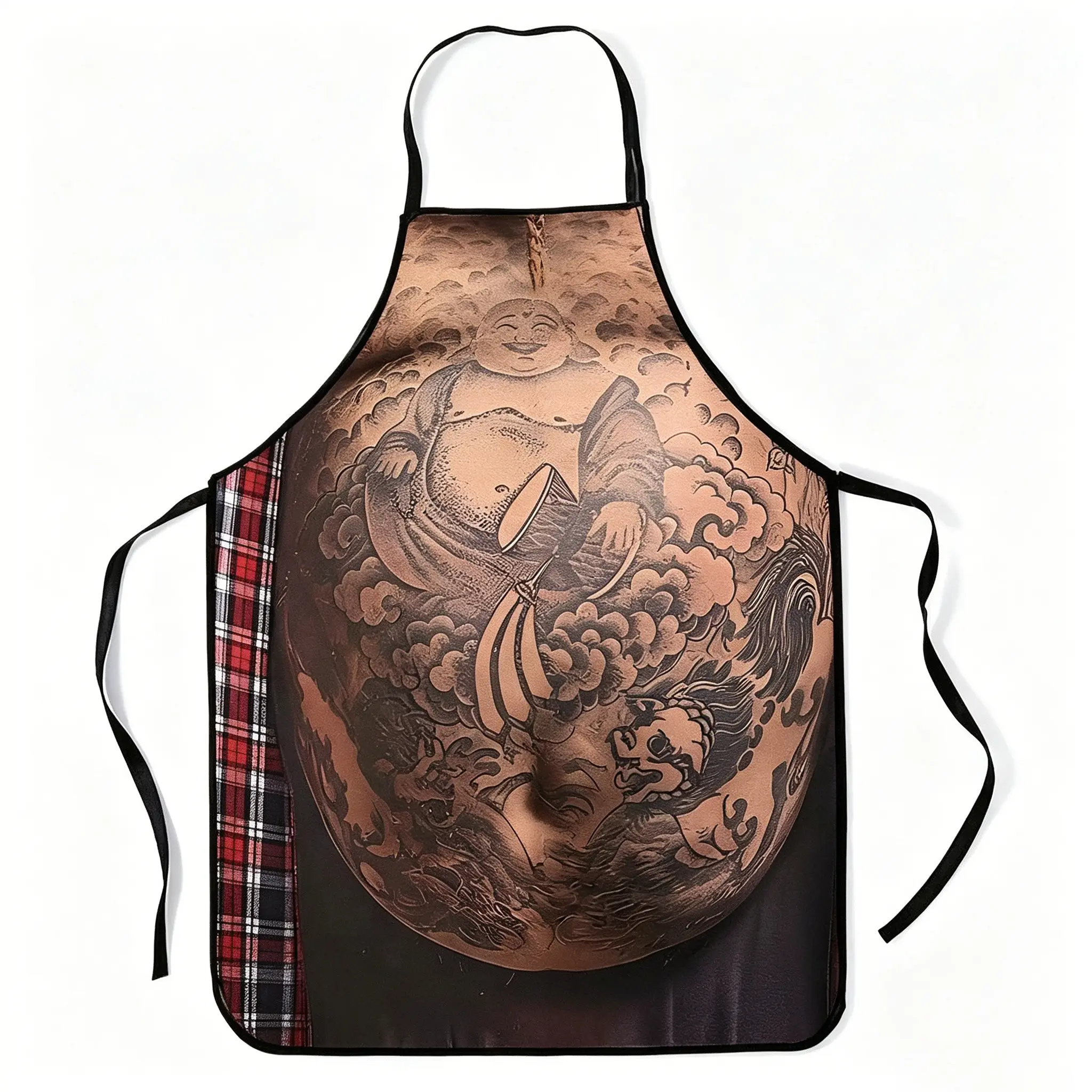 Vintage Eastern Buddha Lion Full Back Tattoo Gag Gift Apron, Waterproof Polyester Kitchen Apron, Adjustable Neck Strap, Reusable Cooking Apron