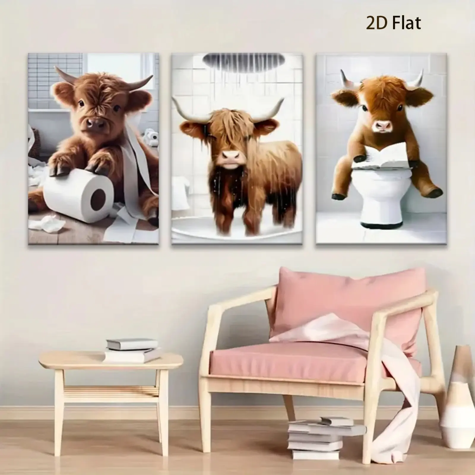 2D Flat 3-Piece 2D Flat Wooden Framed Canvas Painting Scottish Highland Cow Canvas Painting, Humorous Farm Animal, Romantic Gift for Highland Cow Lovers, Unique Home Decoration, Suitable for Living Room, Bedroom, Bathroom, Decoration or as a Gift for Hall
