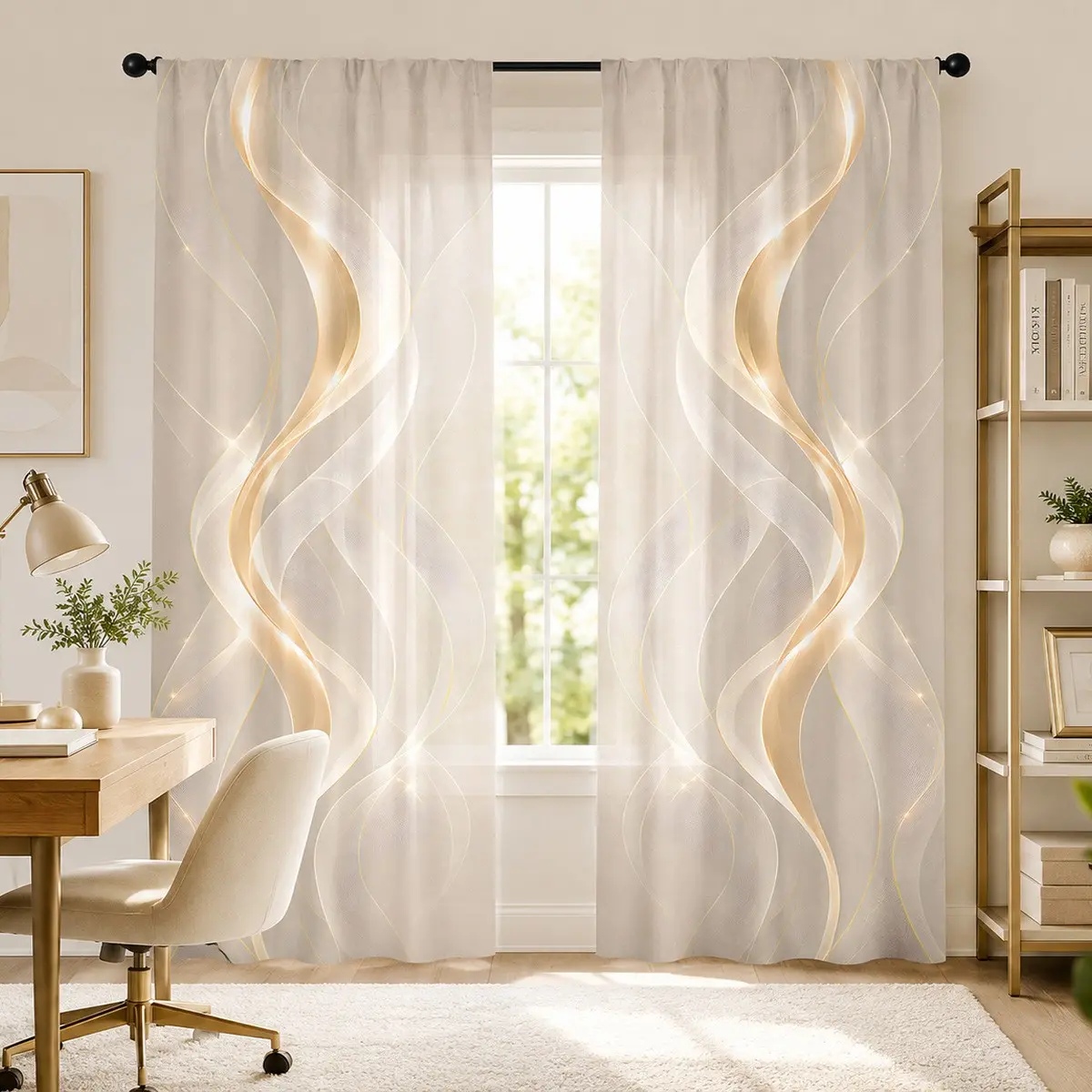 2pcs milk apricot-colored semi-blackout curtain with flowing gold ribbons, modern and luxurious living room and bedroom fabric curtain, made of polyester, suitable for bedrooms, kitchens, studies, cafes, etc.
