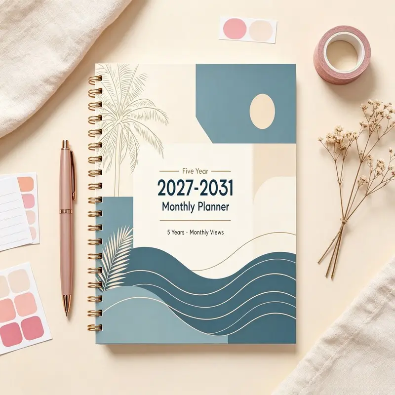 2027-2031 Monthly Planner/Calendar - January 2027 to December 2031, 5-Year Monthly Planner, Tropical Vacation Cover Calendar, Midnight Tropical Blue and Gold Pattern with Minimalist Ocean Illustration, Federal Holidays - For Home, Office, and Gift Use - H