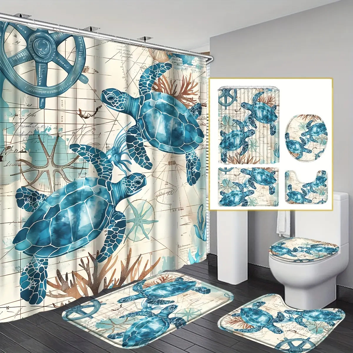 4-Piece sea turtle shower curtain set, bathroom shower curtain sets, bathroom curtain with 12 hooks, U-shaped pad, toilet cover pad, L-shaped pad, beautiful room decoration, home decoration essentials for a comfortable and safe bathroom experience