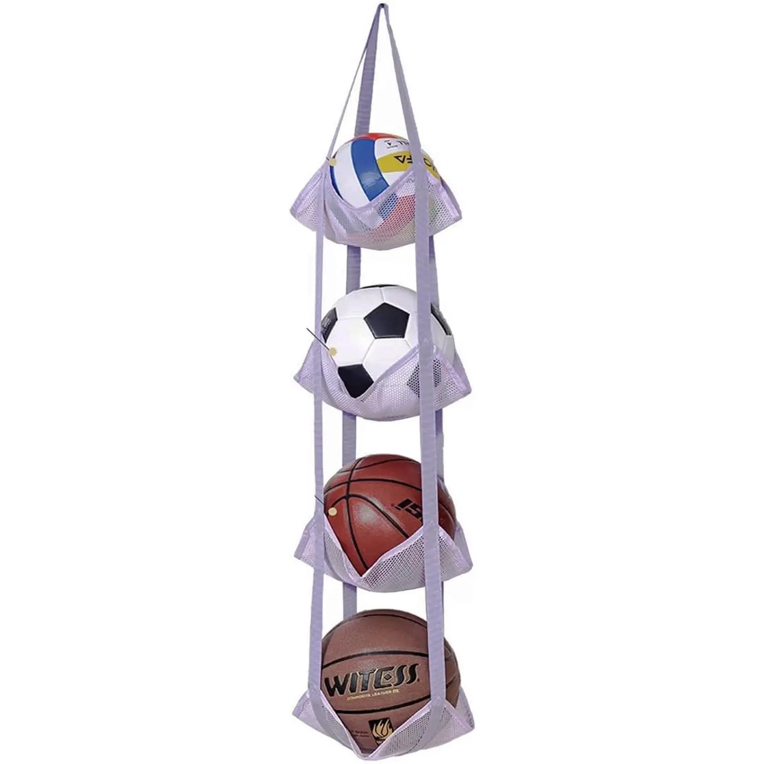 4-Tier Mesh Ball Storage Net Rack Organizer, Door or Wall-Mounted Vertical Ball Holder for Basketball, Soccer, Volleyball, Football, Space-Saving  Organizer for Garage, , Basement (Grey)