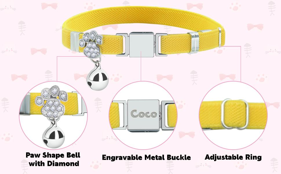 Personalized Safety Elastic Cat Collars with Bell,Laser Customized Stretch Kitten Collars for Girls Boys Cats-Pink