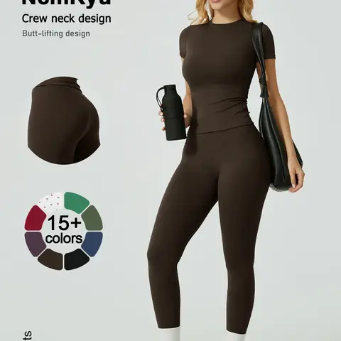 2PCS Women Quick Dry Yoga Active Wear Set Workout Sportswear Gym Clothing Fitness Short Sleeve Top High Waist Leggings Sports Suits