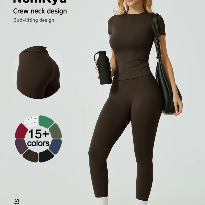 2PCS Women Quick Dry Yoga Active Wear Set Workout Sportswear Gym Clothing Fitness Short Sleeve Top High Waist Leggings Sports Suits