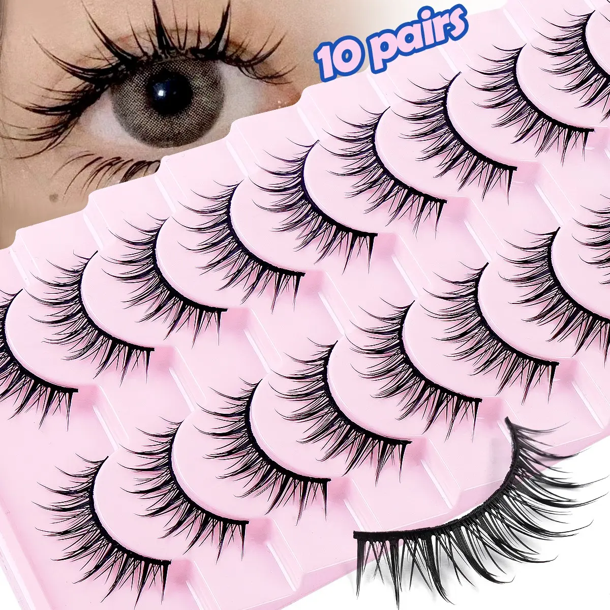 MAANGE 10 Pairs Manga False Eyelashes, D Curl Wispy Lengthening Style, Natural Dense Texture, No Pressure On Eyes After Long Wear, Obvious Eye Enlarging Effect, Ideal For Daily Makeup And Soft Glam Looks