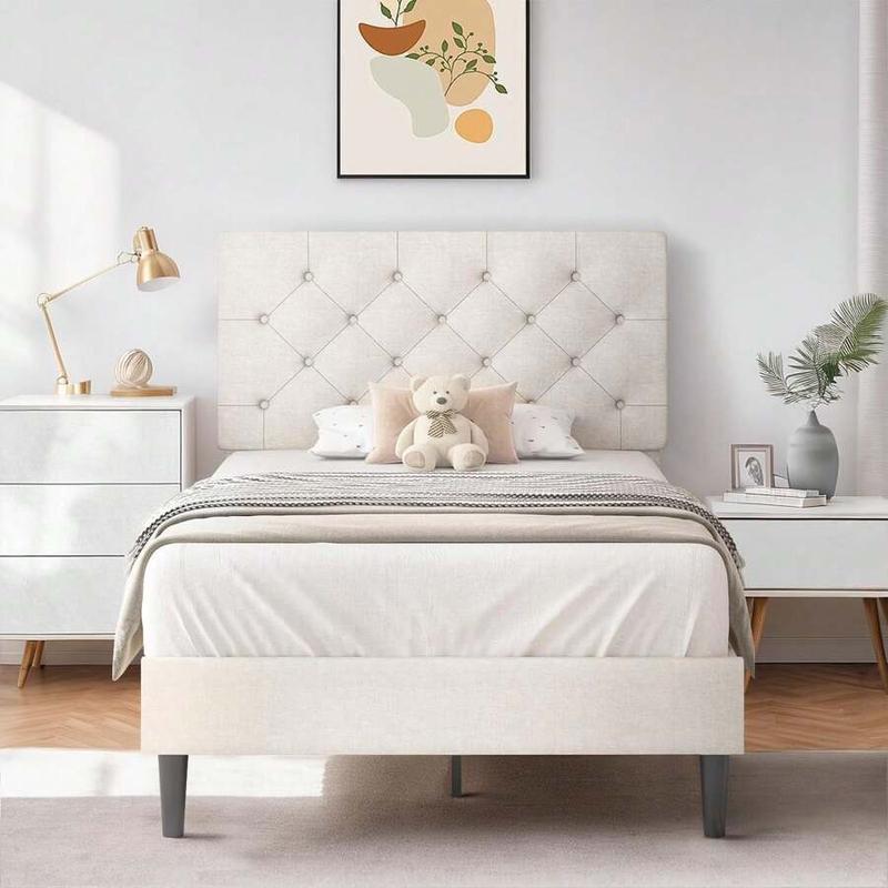 Linen Bed Frame with Button Tufted Headboard, Twin Full Queen  Sizes, No Box Spring Needed, Easy Assembly