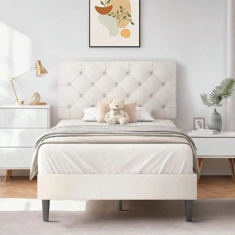 Linen Bed Frame with Button Tufted Headboard, Twin Full Queen  Sizes, No Box Spring Needed, Easy Assembly