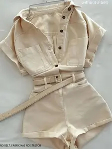 New Casual Workwear Fitted Romper for Women, Multi-Pocket Short Sleeve Shorts Dress, Comfortable and Stylish for Daily Wear