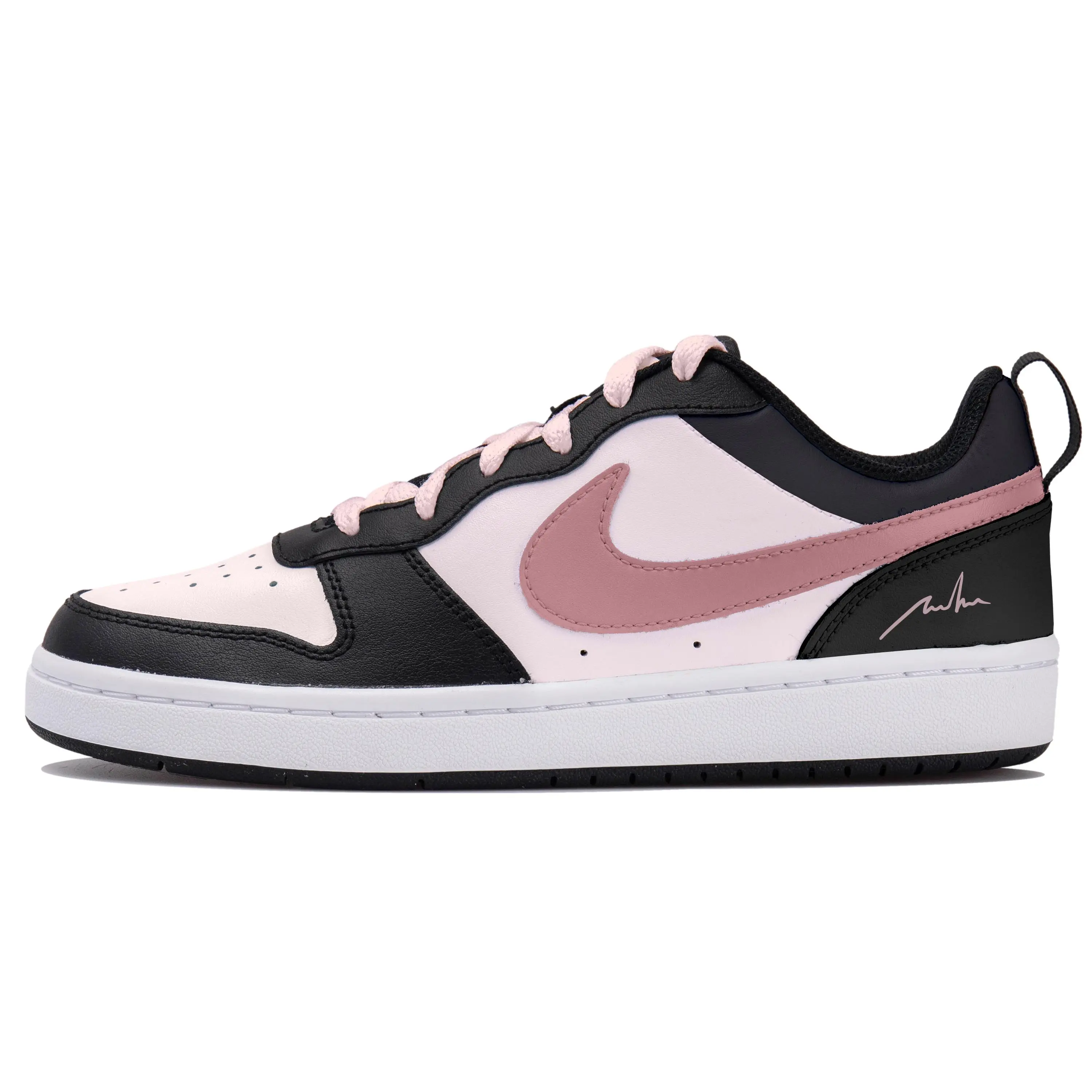 Nike Court Borough OKHR Custom Sneakers for Women: Vintage-Style, Pink-Black-White, Graffiti-Print, Pink-Outlined Verifiable, with credentials and supporting global authentication