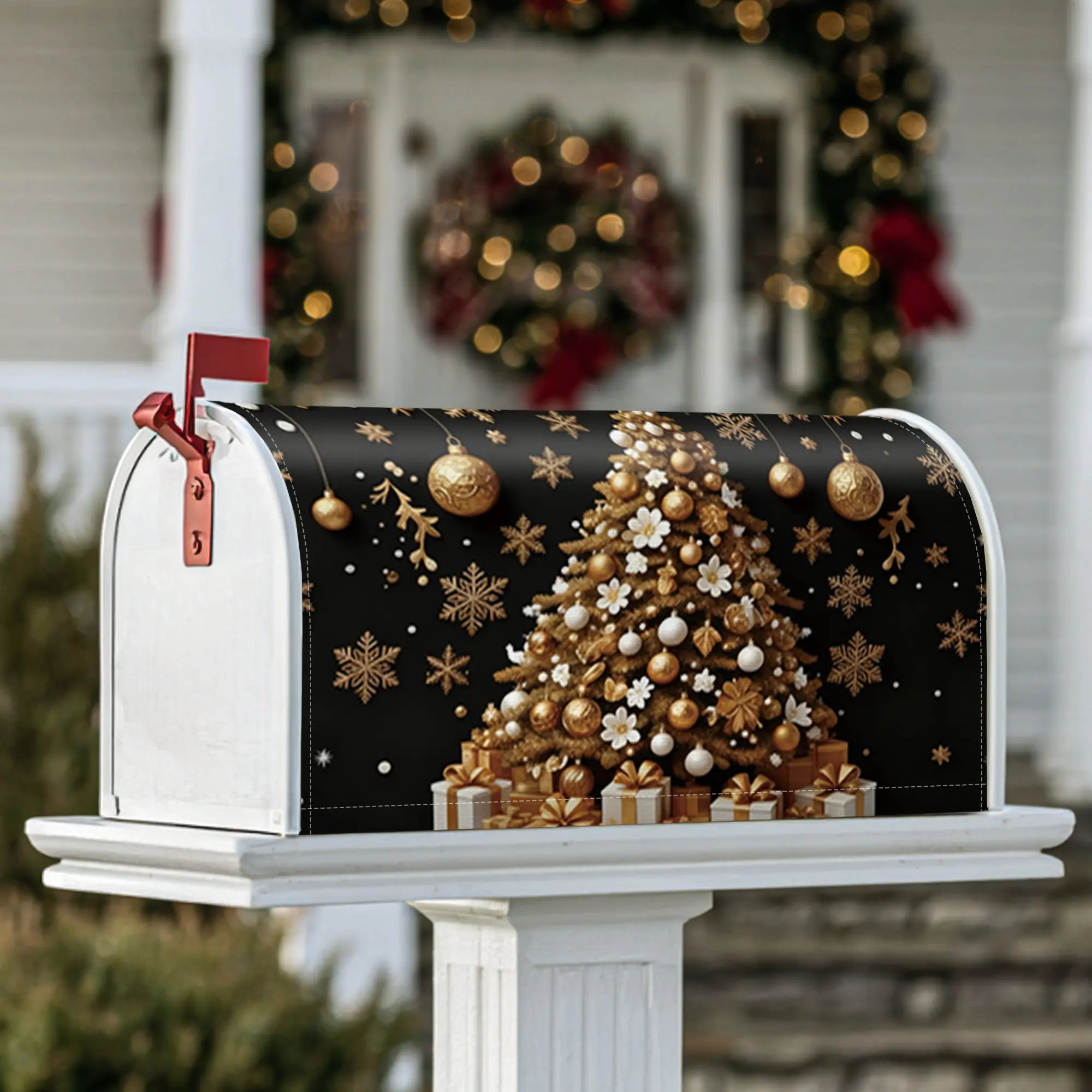 Christmas tree Magnetic Mailbox Covers, Christmas festive ornaments snowflakes Christmas gold Mailbox Wraps for Lawn Decoration