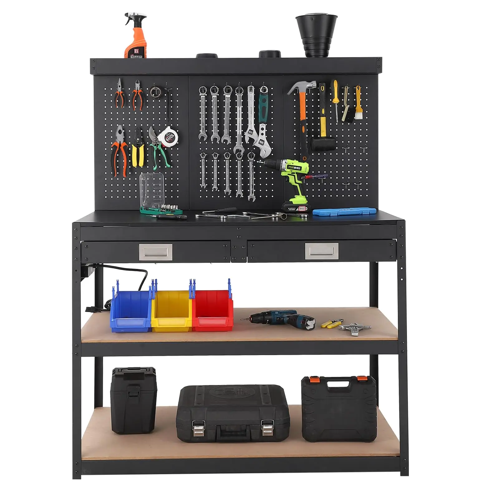 GARVEE 48 Inch Workbench for Garage, Heavy Duty Work Table with Pegboard and ETL-Certified Power Outlets, 1000 LBS Load Capacity Metal Workbench with 2 Drawers - 48 x 24 Tabletop